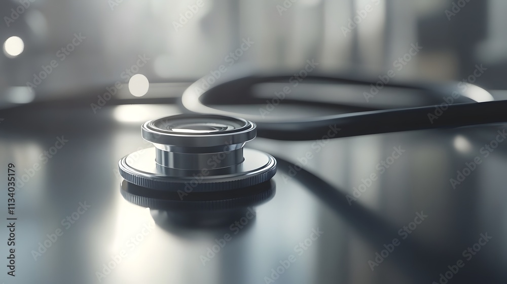 Close-up of a black stethoscope on a reflective surface. Close-up of a black stethoscope on a reflective surface.