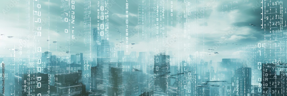 Obraz premium Digital Binary Code Over City Skyline Background