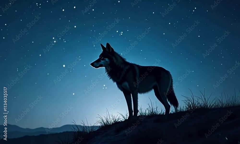 A lone wolf silhouetted against a star-filled sky, with its breath visible in the cold, crisp air. A lone wolf silhouetted against a star-filled sky, with its breath visible in the cold, crisp air.
