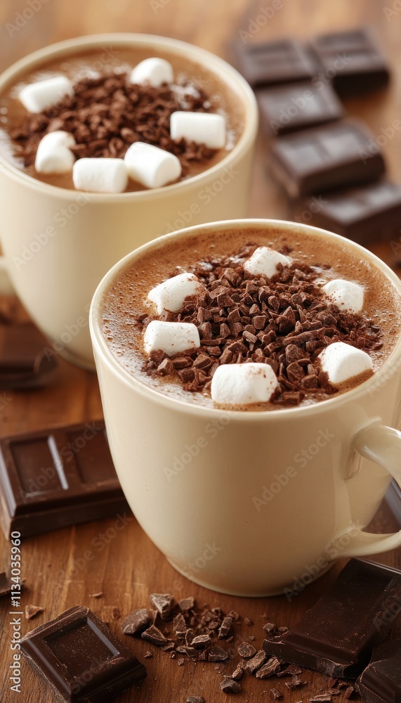 Two cups of hot chocolate topped with marshmallows and chocolate shavings, surrounded by chocolate bars. Two cups of hot chocolate topped with marshmallows and chocolate shavings, surrounded by chocolate bars.