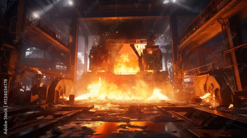 Glowing orange molten steel being poured into molds at a modern steel manufacturing plant with sparks flying intensely during the metalworking production process Glowing orange molten steel being poured into molds at a modern steel manufacturing plant with sparks flying intensely during the metalworking production process