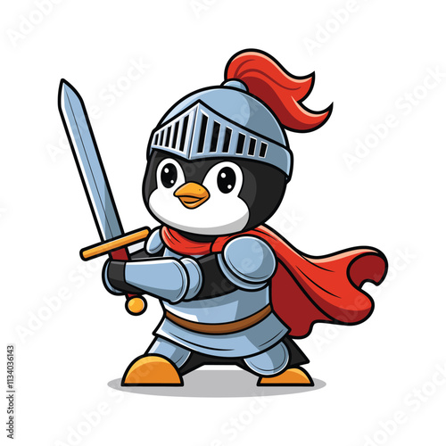 A cute penguin wearing a knight's helmet and holding a sword, standing in a heroic pose