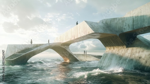 A waterfront structure with angular walkways and overhangs, designed to mimic the shapes of crashing waves and flowing water