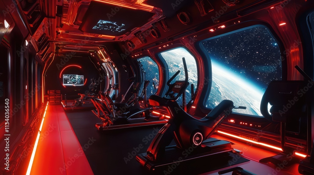 A weightless exercise area in a space station, featuring advanced gym equipment designed for microgravity, with views of the galaxy outside A weightless exercise area in a space station, featuring advanced gym equipment designed for microgravity, with views of the galaxy outside