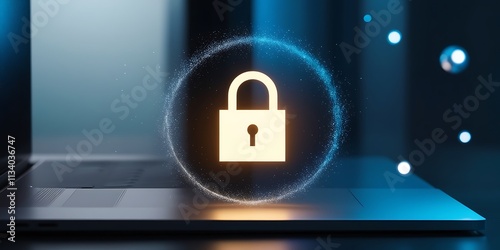 Glowing Lock Icon on Screen representing Security, Privacy, Protection, Technology, Assurance photo