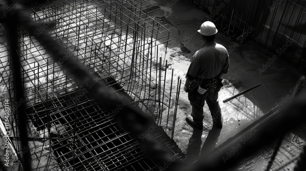 Construction Worker Overseeing Foundation Work Construction Worker Overseeing Foundation Work