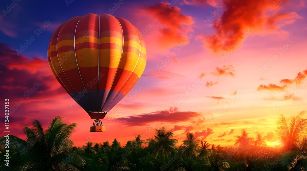 Obraz premium Colorful Hot Air Balloon Soaring Above Lush Green Trees During Stunning Sunset Sky