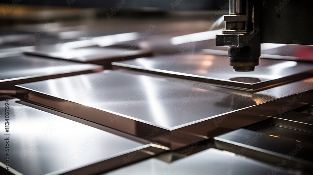 Close up view of an industrial production line where aluminum sheets are precisely cut into specific geometric shapes using advanced machinery and equipment Close up view of an industrial production line where aluminum sheets are precisely cut into specific geometric shapes using advanced machinery and equipment