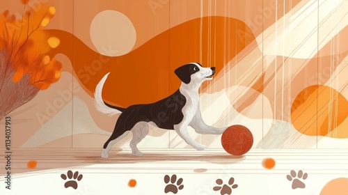 A flat illustration of a black and white dog retrieving a textured orange ball in a warm-toned abstract background with paw prints and dynamic light streaks