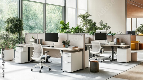 modern office workspace with natural light and greenery