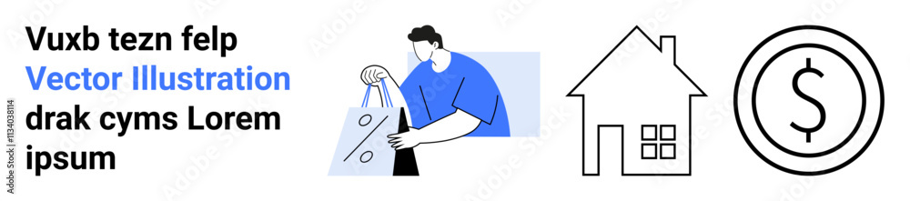 Man holding shopping bags, house outline, and dollar symbol. Ideal for e-commerce, real estate, financial services, online advertising, marketing campaigns, budget planning digital marketplaces Man holding shopping bags, house outline, and dollar symbol. Ideal for e-commerce, real estate, financial services, online advertising, marketing campaigns, budget planning digital marketplaces