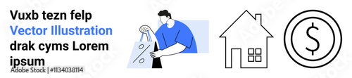 Man holding shopping bags, house outline, and dollar symbol. Ideal for e-commerce, real estate, financial services, online advertising, marketing campaigns, budget planning digital marketplaces