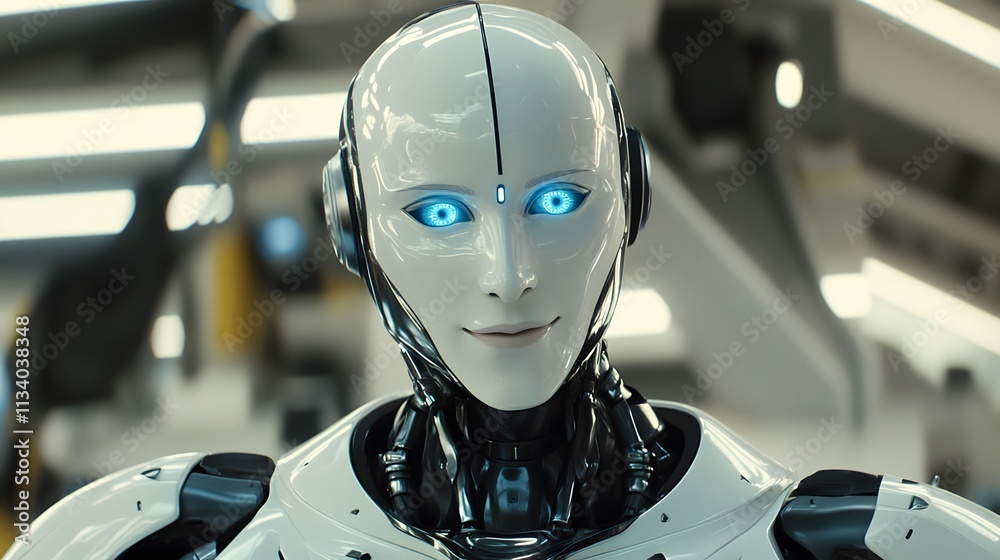 Close-up of a humanoid robot with glowing blue eyes, smiling gently in a futuristic setting.