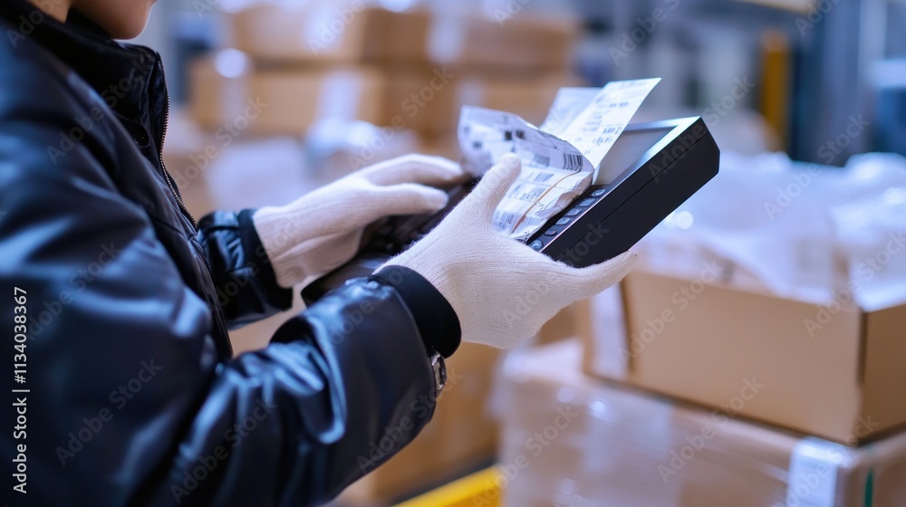 A person in gloves scans labels in a warehouse filled with boxes. A person in gloves scans labels in a warehouse filled with boxes.