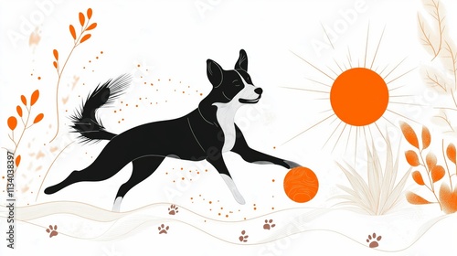 A flat illustration of a black and white dog joyfully retrieving an orange ball in a minimalist nature-inspired setting, with paw prints and warm orange accents