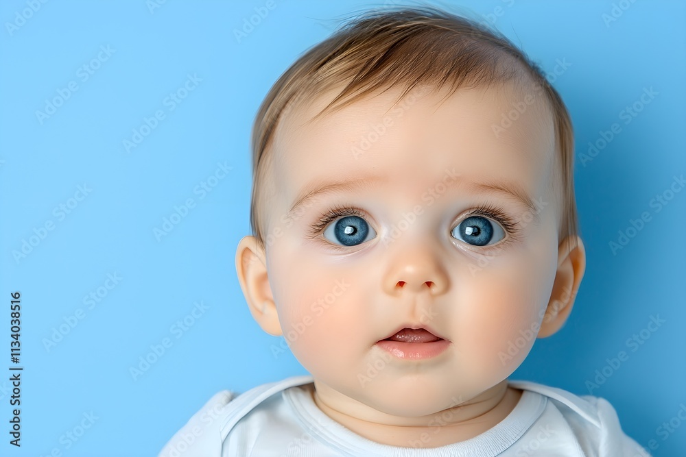 Cute Baby with Bright Blue Eyes Posing on a Light Blue Background in Studio Setting Cute Baby with Bright Blue Eyes Posing on a Light Blue Background in Studio Setting