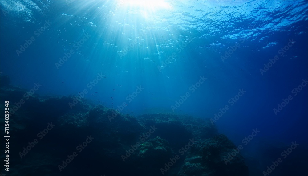 Underwater Ocean - Blue Abyss With Sunlight - Diving And Scuba Background Underwater Ocean - Blue Abyss With Sunlight - Diving And Scuba Background