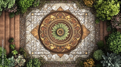 Wallpaper Mural Overhead view of ornate garden patio with central fountain and lush greenery. Torontodigital.ca