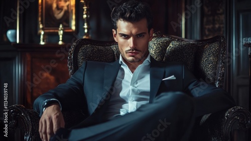 confident man in elegant suit sitting in luxurious armchair
