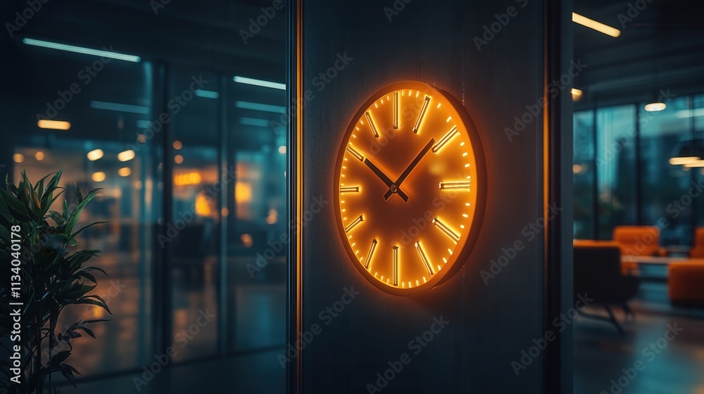 Illuminated wall clock displaying time modern office interior photography contemporary environment close-up view time management concept Illuminated wall clock displaying time modern office interior photography contemporary environment close-up view time management concept