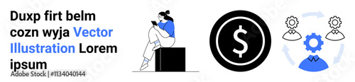 Woman reading on phone while sitting, large dollar symbol, collaboration and gear icons. Ideal for business, finance, teamwork, technology, management productivity innovation. Landing page