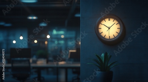 Midnight reflections quiet office clock ticking in modern workspace nighttime serenity minimalism