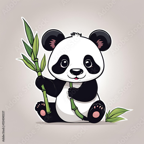 A cute cartoon panda sitting happily, holding bamboo shoots with a playful smile, perfect for children's illustrations and wildlife-themed designs. photo