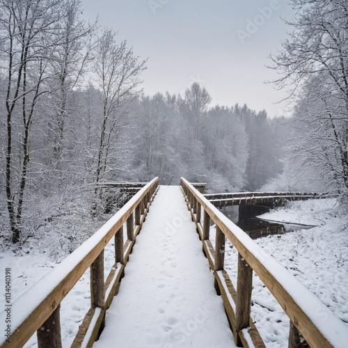 Snowy, wooden bridge in a winter day. Stare Juchy, Poland photo