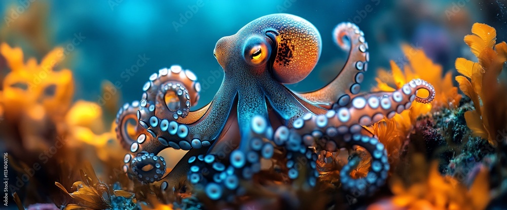 A colorful octopus among vibrant underwater plants in a marine setting. A colorful octopus among vibrant underwater plants in a marine setting.
