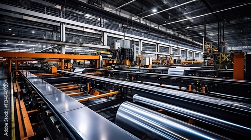 Modern electroplating facility featuring zinc coated materials moving along automated conveyor belts showcasing the industrial manufacturing process and advanced metalworking technology photo