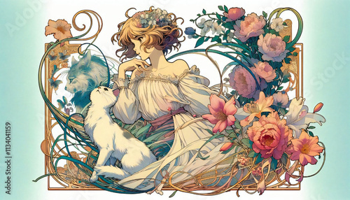 A cel-style illustration of a cat and a girl.generated by AI.