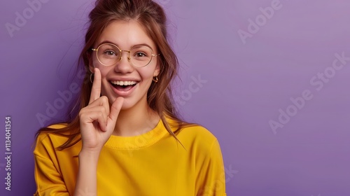 Young Woman in Yellow Sweater Smiling Against Purple Background