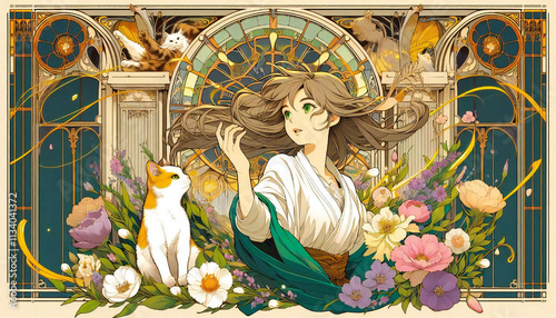 A cel-style illustration of a cat and a girl.generated by AI.