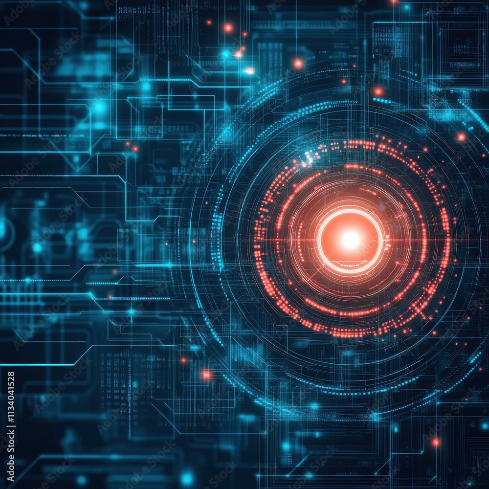 Obraz premium Abstract Digital Interface with Radiant Center, Futuristic Visuals Featuring Geometric Patterns and Illuminated Elements in a Technological Environment