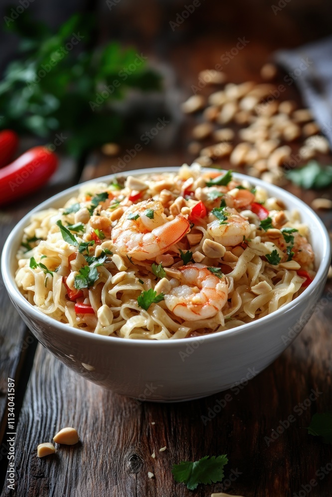 A bowl of shrimp noodles garnished with herbs and peanuts on a wooden table. A bowl of shrimp noodles garnished with herbs and peanuts on a wooden table.