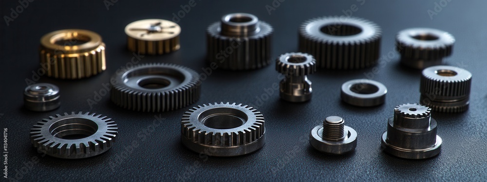 Industrial gear components arrangement on dark surface close-up view mechanical parts technology concept Industrial gear components arrangement on dark surface close-up view mechanical parts technology concept