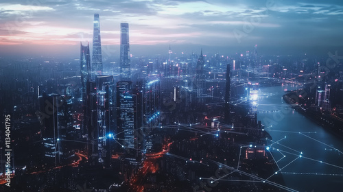 Wallpaper Mural Smart digital Innovation city with connection network reciprocity over the cityscape. of future smart wireless digital city and social media networking systems that connects people with in city Torontodigital.ca