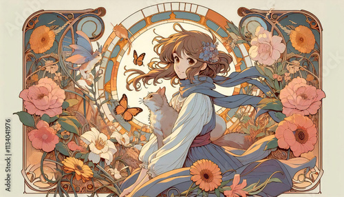 A cel-style illustration of a cat and a girl.generated by AI.
