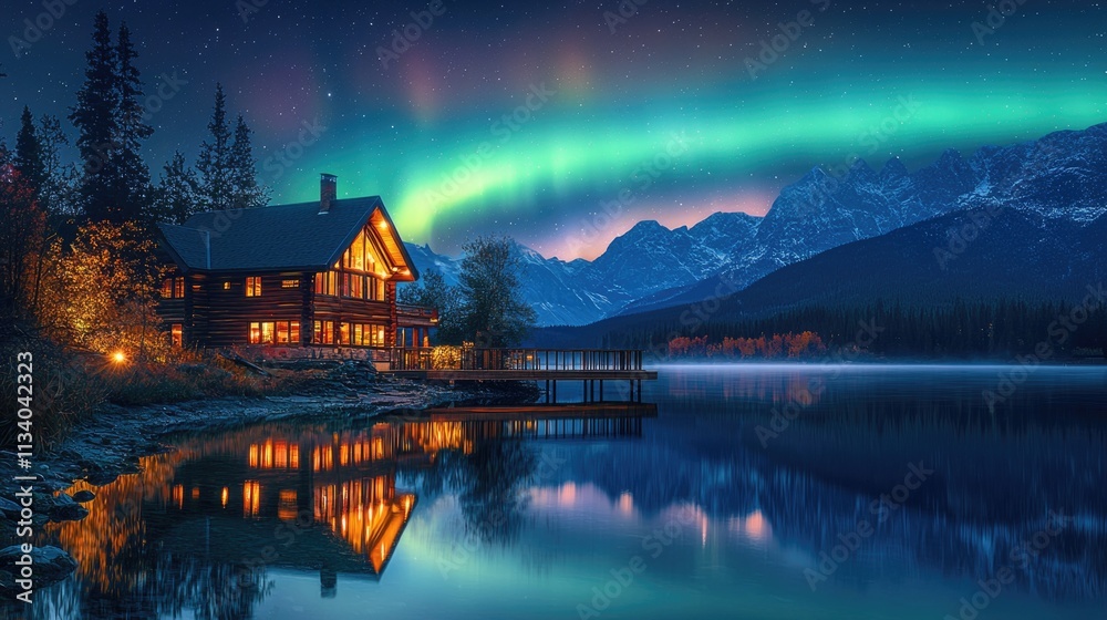 Fototapeta premium Night landscape with lake, A beautiful cabin with a dock overlooking the water. The colorful aurora borealis in the sky, stunning landscape background photography. Beautiful natural vibrant colors.