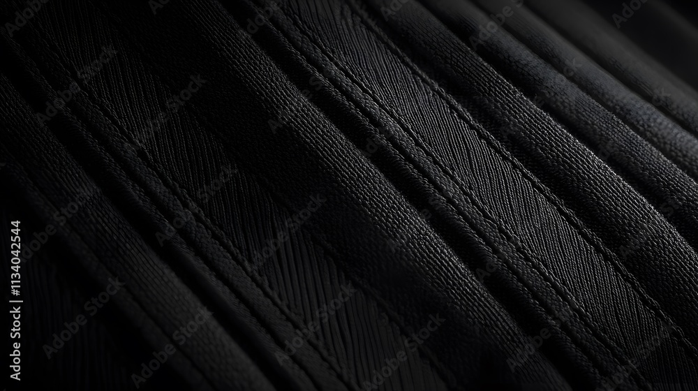 Fototapeta premium Close-up of dark fabric with diagonal pleats and stitching, showing texture and shadows.