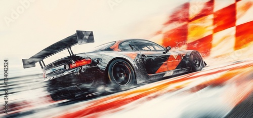A dynamic racing car skids on a track, showcasing speed and motion.