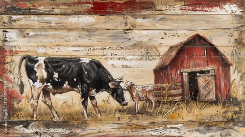 Rustic Farm Scene: Cow and Calf by Red Barn photo