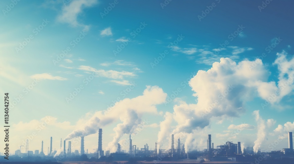 Obraz premium Majestic oil refinery towers emitting billowing steam under a clear bright blue sky The industrial landscape showcases the power and scale of modern energy production