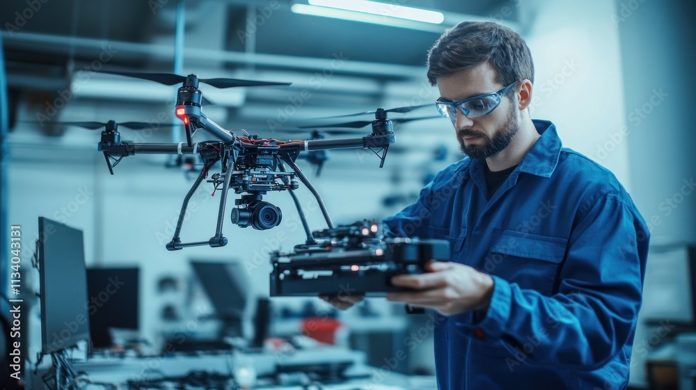 Drone Technician Examining a Drone in a Workshop Drone Technician Examining a Drone in a Workshop