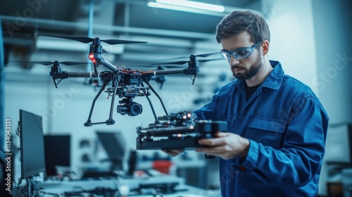 Drone Technician Examining a Drone in a Workshop