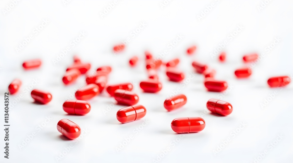 Scattered red capsules on white background. A close-up view of vibrant red medication. Scattered red capsules on white background. A close-up view of vibrant red medication.