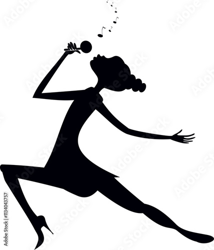 Romantic singer woman. Art silhouette.
Young woman with microphone sings a song with great inspiration. Black on white background	 illustration
