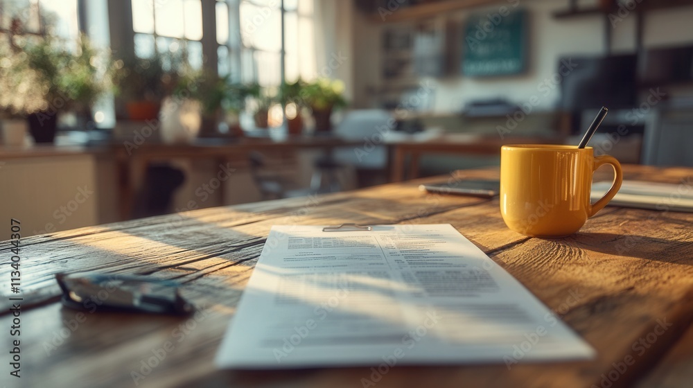 Working at a cozy desk with coffee and documents home office still life bright natural light close-up productivity focus Working at a cozy desk with coffee and documents home office still life bright natural light close-up productivity focus