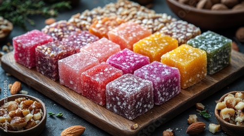 Vibrant Colorful Turkish Delight Cubes on Wooden Board