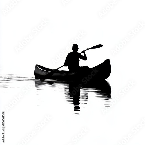 A silhouette of a person paddling a canoe on a river